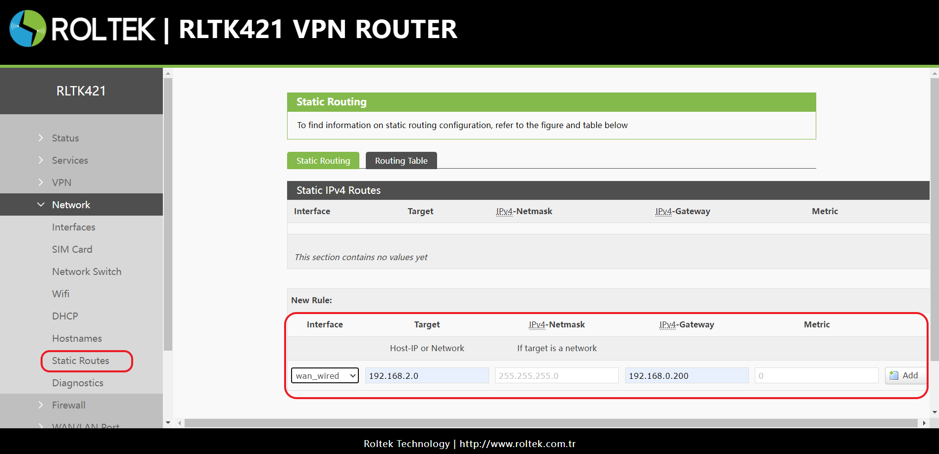 StaticRouteRouterB-421